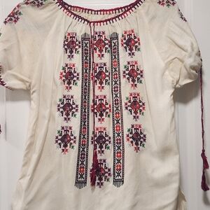 Embroidered Boho Peasant Top - Ivory with Red & Black